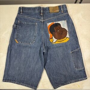 Vintage Fubu Shorts Mens 34 Blue Platinum Fat Albert Baggy Jort Denim Jean Cargo